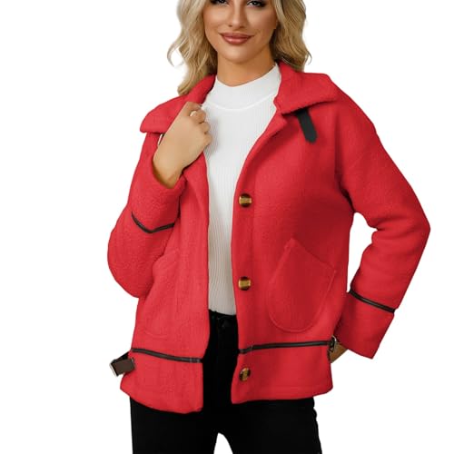 Fleecejacke Damen Elegant Gefüttert Teddy Fleecejacke Damen Casual Mit Taschen Outdoor Freizeit Teddyfleece Fleecejacke Damen Beige Teddy Jacke Dame,Rot,L, von Didadihu