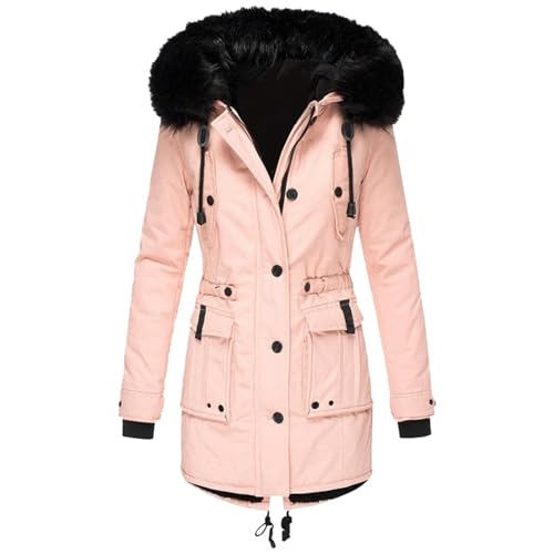 Große Größen Wintermantel Winterjacke Damen lang Warm Gefüttert Outdoor Jacke Winterparka Damen-mäntel mit Fellkapuze Winter schwarzer rosa Mantel Parka elegant Frauen von Didadihu