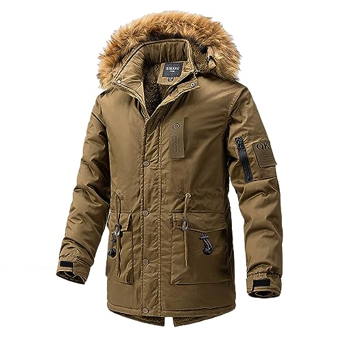 Herren Jacke : Warm Reißverschlüsse Wintermantel Lange Warme Winterparka Gefütterte Winterjacke Mit Futter Fleece Gefüttert Parka Outdoorjacke Jacket Fell Kapuze Fleecefutter,Coffee,XXL von Didadihu