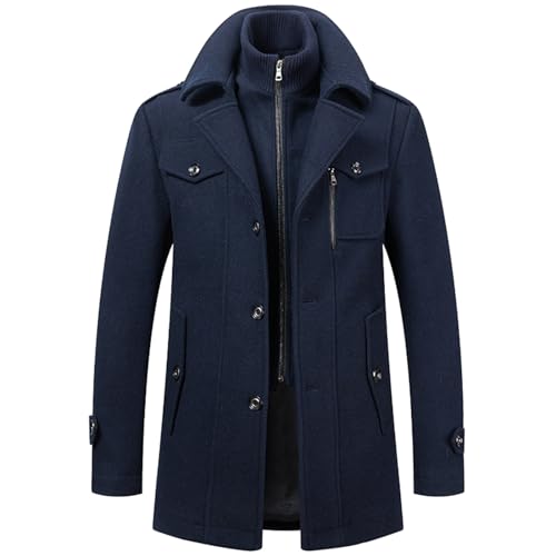 Herren Slim Fit Lang Trenchcoat,Mit Revers Reißverschluss Wintermantel Wollmantel Herren,Knopfleiste Business Peacoat Winter Mantel Wolle Kurzmantel Herren,Marine,XXL von Didadihu