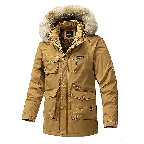 Herren Wintermantel : Fell Kapuze Verdickt Mantel Mit Futter Fleece Gefüttert Jacke Lang Jacken Windbreaker Softshell Winterparka Jacke Winterjacke Übergröße Winddicht,Braun,3XL von Didadihu