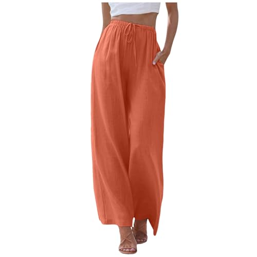 Hose Damen, Damen Sommerhosen Leicht,Lang Luftig Leinenhose Einfarbig Sommer Weites Bein Sommerhose Stoffhose Leicht Elastische Hohe Taille Hosenrock Haremshose Yogahose,Orange,XXL von Didadihu