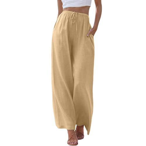 Hosen Damen, Chino Hose Damen,Weites Bein Lang Sommerhose Leinen Musselin Weite Leinenhose Stoffhose Bequeme Locker Yogahose Hosenrock Strandhose,Khaki,XL von Didadihu