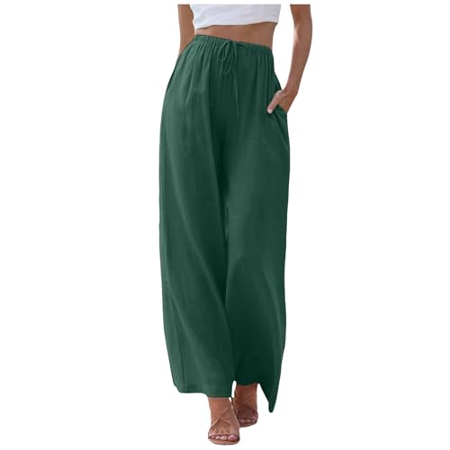 Hosenrock Damen Sommer, Palazzo Hose Damen Sommer,Elastische Hohe Taille Sommer Stoffhose Plissee Palazzo Locker Sommerhose Leinenhose Leicht Lang Haremshose Hosenrock Yogahose,Grün,S von Didadihu