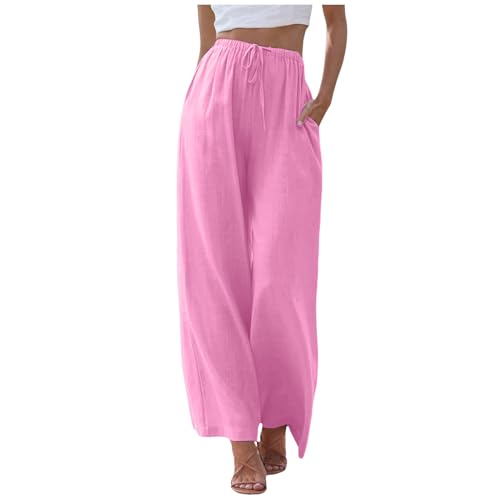 Italienische Mode Damen, Hose Damen,Leinen Palazzo Sommerhose Sommer Elastische Hohe Taille Weites Bein Stoffhose Leinenhose Bequeme Locker Strandhose Yogahose Haremshose,Rosa,M von Didadihu