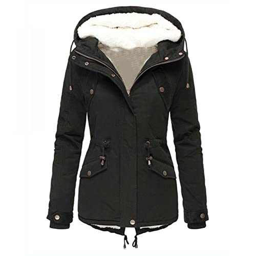 Jacke Damen - Warmer Wärme Steppjacke Stehkragen Lange Mantel Teddyfell Kapuzenjacke Winter Dicke Winterparka Daunenjacke Outdoorjacke XXL Gefütterter,Schwarz,4XL von Didadihu