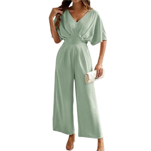 Jumpsuit Damen Lang Festlich Hochzeit Elegant Sommer Jumpsuits V-Ausschnitt Kurzarm Weites Bein Overall Romper Mit Taschen,Grün,M von Didadihu