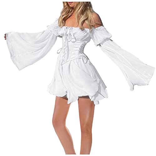 Kostüm Damen Piratin,Pirat Weißes Kleid Piratenkostüm Damen Piratenkleid Piraten Karneval Feen Kostüm Kleid Korsett Mit Langen Puffärmeln Rüschenkleid Sexy Große Größen von Didadihu