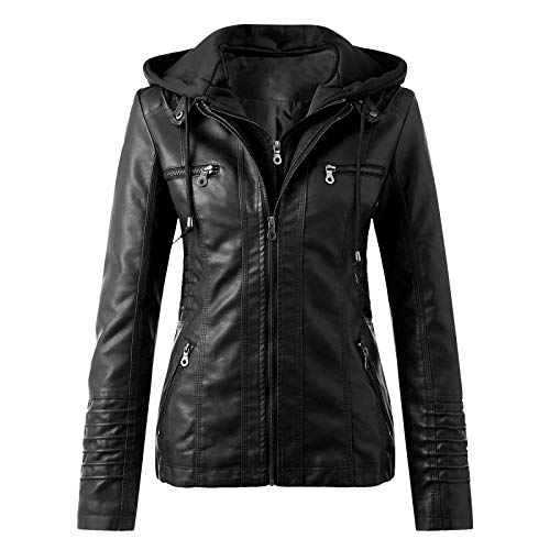 Kunstlederjacke Damen Schwarz Winter&Herbst Kurz Leder Jacken Mit Kapuzen Lederjacke Ledermantel Oversize Motorrad Jacke Bikerjacke Leather Jacket Woman von Didadihu