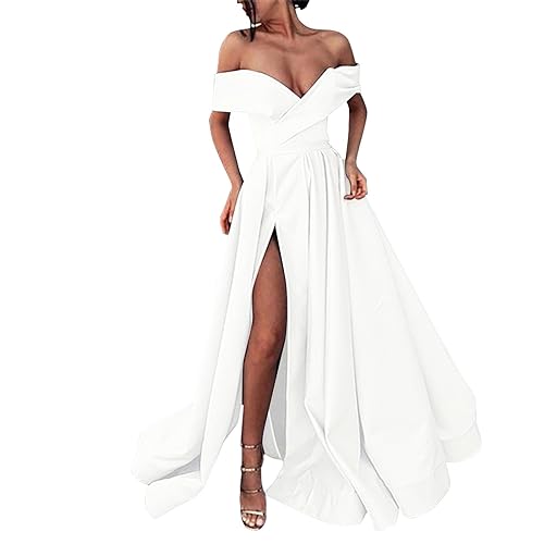 Lange Kleider Damen Tüll Cocktailkleid Rückenfreies Mit Schlitz Ballkleider Brautjungfernkleider Ärmellos Off Shoulder Partykleid Jugendweihe Abiballkleid A-Line,Weiss,XL von Didadihu