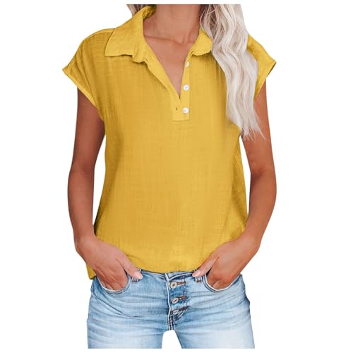 Leinenbluse Damen Sommer Einfarbig Kurzarm Revers Button Down Musselin Bluse Elegant Einfarbig Hemdbluse Blusenshirt Oversize Lose Locker Shirt Blusen Freizeit Baumwolle,Gelb,XXL 02 von Didadihu