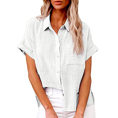 Leinenhemd Damen Einfarbig Kurzarm Musselin Bluse Einfarbig Sommer Tunika Oberteile Elegant Casual Baumwolle Leinenbluse Langarmshirt Blusenshirt Locker Freizeit,Weiß,XL 02 von Didadihu