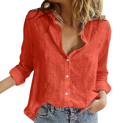 Leinenhemd Damen Einfarbig Langarm Musselin Bluse Casual Locker Leinenbluse Blusenshirt Sommer Lose Elegant Shirt Tunika Blusen Oversize Freizeit,Orange,S 02 von Didadihu