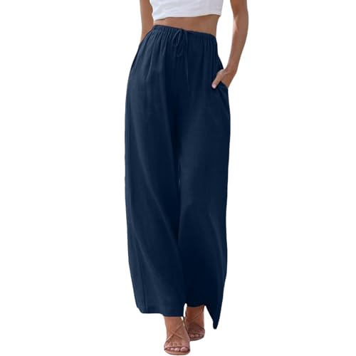 Leinenhose Damen Plissee Locker Musselin Hose Strandhose Elegant Bequeme Yogahose Sommerhose Leinen Leicht Elastische Hohe Taille Chino Stoffhose Freizeithose Luftig Sommer,116 Marine,XL von Didadihu