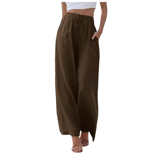 Lockere Hosen Damen, Damen Hosen Sommer,Luftig Lang Leinenhose Weites Bein Palazzo Sommer Stoffhose Sommerhose Einfarbig Leinen Yogahose Hosenrock Freizeithose,Kaffee,M von Didadihu