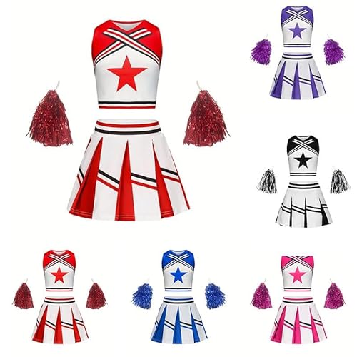 Mädchen Cheerleader Karneval Kostüm Kinder Cheerleadering Uniform mit Pompoms Crop Oberteil Cheer Leader Rock für Halloween Fasching Party,03 Lila,130 von Didadihu