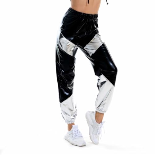 Metallic Glitzer Hose Damen Silber Goldene Hose, Disco Party Looks Hose, 80er 90er Jahre Outfit, Astronaut Space Girl Weltall Kostüm,Weltraum Alien Kostüm,Schwarz,XXL von Didadihu