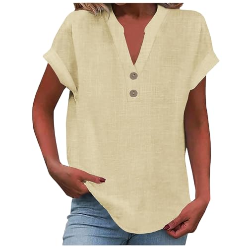 Musselin Bluse Damen Einfarbig Kurzarm Locker Oversize Oberteile Blusen Baumwolle Lässiges Casual Leinenbluse Shirt Tunika Freizeit Sommer,Beige,S von Didadihu