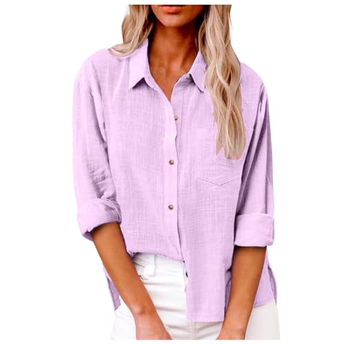 Musselin Bluse Damen Einfarbig Revers Langarm Baumwolle Freizeit Tuniken Blusenshirt Lässiges Sommer Casual Leinenbluse Langarmshirt Hemdbluse Einfarbig Elegant,Rosa,L 02 von Didadihu