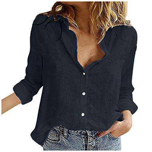 Musselin Bluse Damen Elegant Langarm Button Down Leinenbluse Casual V-Ausschnitt Roll Up Ärmel Blusen Hemdbluse Longbluse,04 Schwarz,3XL von Didadihu