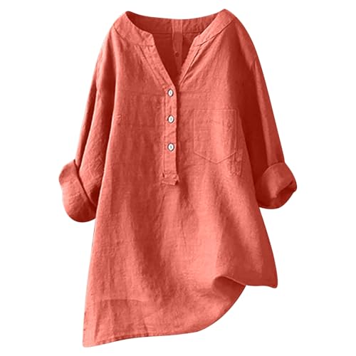 Musselin Bluse Damen Kurzarm Button Down Locker Freizeit Tunika Oberteile Sommer Lose Oversize Blusen Longbluse Blusenshirt Elegant Baumwolle,Orange,XXL von Didadihu