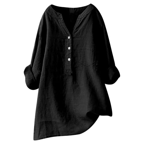 Musselin Bluse Damen Kurzarm Button Down Locker Freizeit Tunika Oberteile Sommer Lose Oversize Blusen Longbluse Blusenshirt Elegant Baumwolle,Schwarz,XL von Didadihu