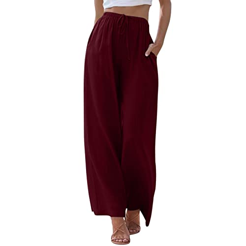 Musselin Hose Damen, Leinen Damen,Locker Elastische Hohe Taille Stoffhose Leinen Leicht Palazzo Sommerhose Leinenhose Plissee Weites Bein Freizeithose Yogahose Haremshose,Wein,M von Didadihu