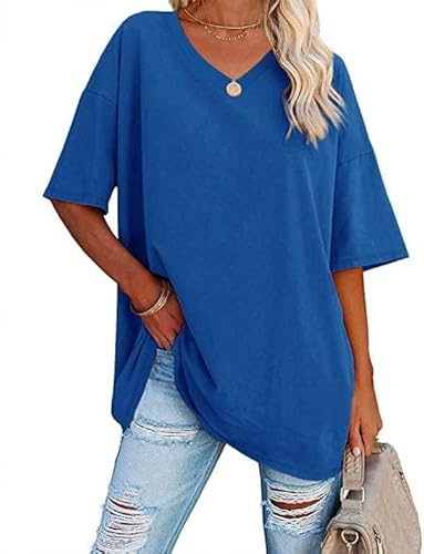 Oversize Basic Blau T Shirt Damen Mit V-Ausschnitt Kurzarm T-Shirt Elegant Sommer Lockere Shirts Grosse Grössen Lang,Blau,L Oversize Basic Blau T Shirt Damen Mit V-Ausschnitt Kurzarm T-Shirt Elegant Sommer Lockere Shirts Grosse Grössen Lang,Blau,L von Didadihu