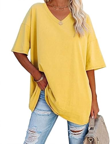 Oversize Basic Gelb T Shirt Damen Mit V-Ausschnitt Kurzarm T-Shirt Elegant Sommer Lockere Shirts Grosse Grössen Lang,Gelb,XXL von Didadihu