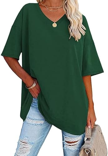 Oversize Basic Grün T Shirt Damen Mit V-Ausschnitt Kurzarm T-Shirt Elegant Sommer Lockere Shirts Grosse Grössen Lang,Grün,XXL Oversize Basic Grün T Shirt Damen Mit V-Ausschnitt Kurzarm T-Shirt Elegant Sommer Lockere Shirts Grosse Grössen Lang,Grün,XXL von Didadihu