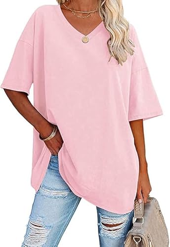 Oversize Basic Pink T Shirt Damen Mit V-Ausschnitt Kurzarm T-Shirt Elegant Sommer Lockere Shirts Grosse Grössen Lang,Rosa,L von Didadihu