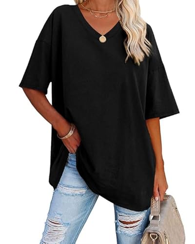 Oversize Basic Schwarz T Shirt Damen Mit V-Ausschnitt Kurzarm T-Shirt Elegant Sommer Lockere Shirts Grosse Grössen Lang,# Schwarz,XL von Didadihu