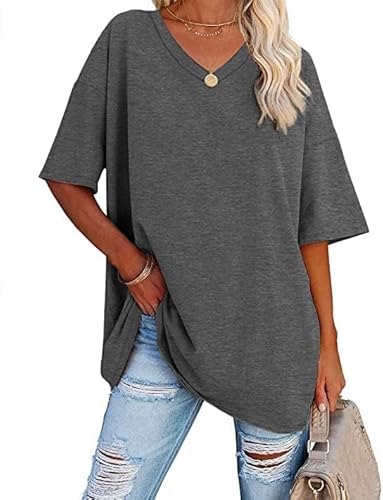 Oversize Basic T Shirt Damen Mit V-Ausschnitt Kurzarm T-Shirt Elegant Sommer Lockere Shirts Grosse Grössen Lang,# Dunkelgrau,S von Didadihu