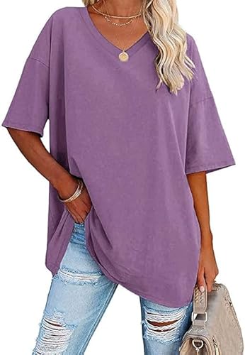 Oversize Basic T Shirt Damen Mit V-Ausschnitt Kurzarm T-Shirt Elegant Sommer Lockere Shirts Grosse Grössen Lang,Violett,L Oversize Basic T Shirt Damen Mit V-Ausschnitt Kurzarm T-Shirt Elegant Sommer Lockere Shirts Grosse Grössen Lang,Violett,L von Didadihu