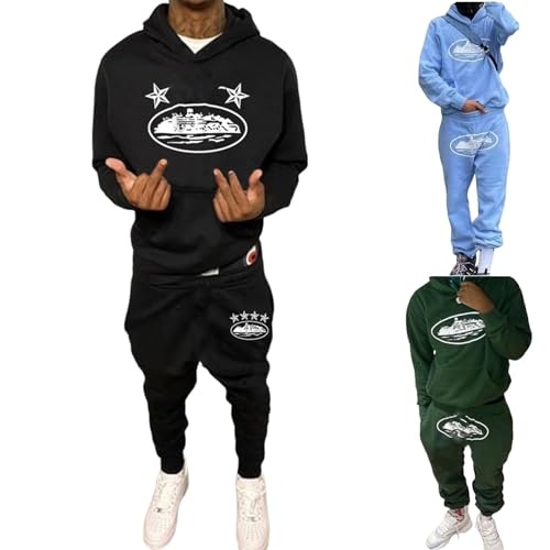 Oversized y2k Sportanzug Hausanzug Herren,Baumwolle Jogginganzug Trainingsanzug Set Herren,Herren Activewear Streatwear Jogging Anzug Freizeitanzug Mit Baggy Hoodie Und Winter Jogginghose,Blau,M von Didadihu