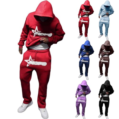 Oversized y2k Sportanzug Hausanzug Herren,Baumwolle Jogginganzug Trainingsanzug Set Herren,Herren Activewear Streatwear Jogging Anzug Freizeitanzug Mit Baggy Hoodie Und Winter Jogginghose,Rot,L von Didadihu