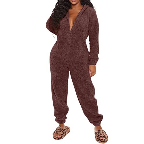 Pyjama Damen Winter, Lang Baumwolle Onesie Kuschelig Unisex Loungewear Kapuze Sleepshirt Winter Mädchen Jumpsuit Nachtwäsche Schlafoverall Langarm Reißverschluss von Didadihu