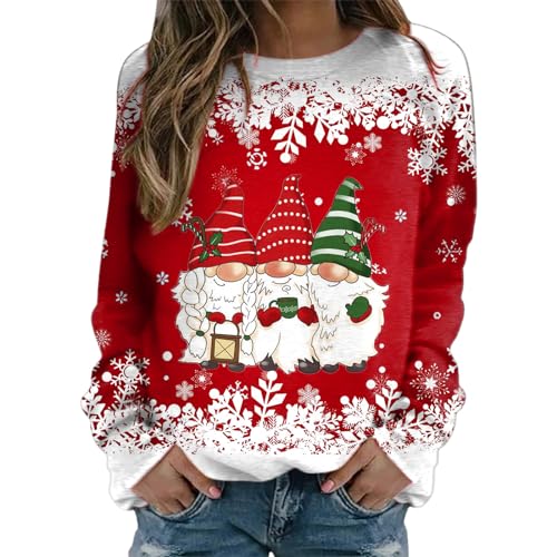 Rentier Weihnachtspullover Damen,Xmas Lustig Weihnachtspullover Damen Rundhals Partnerlook Weihnachts Tshirt Ugly Weihnachten Baumwolle Pullover,Rot,S von Didadihu