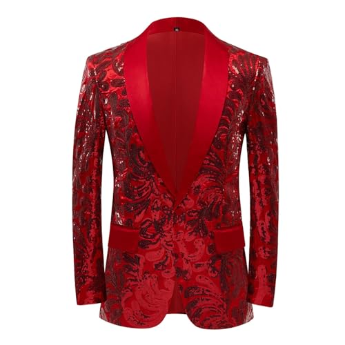 Sakko Herren Pailletten Anzug Karneval Kostüm Festlich Party Glitzer Anzug Jacket Gold Slim Fit Glitzer Outfit Sakkos Anzüge,Rot,XXL von Didadihu