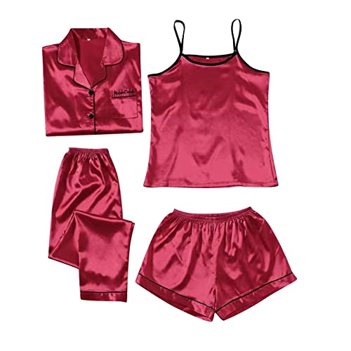 Satin Pyjama Damen 4-teiliges Kurz Schlafanzug Cami and Shorts Set Frauen Pjs Sets Hausanzug Silk Loungewear Damen Satin Pyjama Damen 4-teiliges Kurz Schlafanzug Cami and Shorts Set Frauen Pjs Sets Hausanzug Silk Loungewear Damen von Didadihu