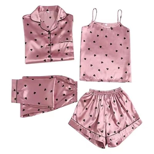 Satin Pyjama Damen 4-teiliges Kurz Schlafanzug Cami and Shorts Set Frauen Pjs Sets Hausanzug Silk Loungewear Damen von Didadihu