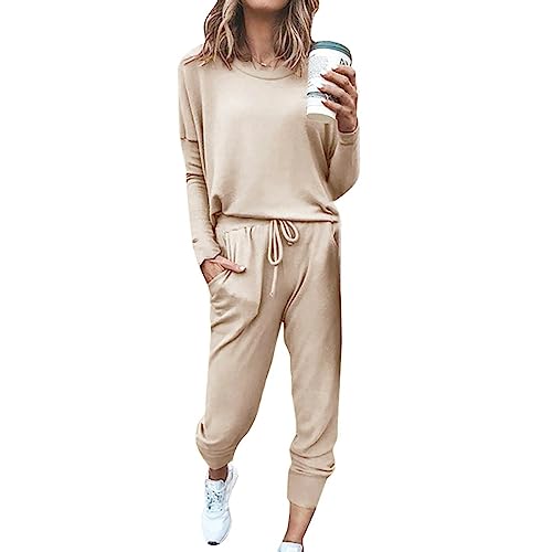 Schlafanzug Damen Lang Kuschelig,Fleece 2 Teilig Pyjama Winter Zweiteiler Freizeitanzug Flanell Pyjama Set Kuschelig Kuscheliger Lounge Set Freizeitanzug Loungewear,Khaki,XXL von Didadihu