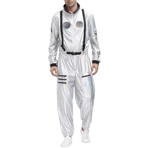 Silber Astronaut Kostüm Faschingskostüme Damen Herren Astronauten Anzug Raumfahrer Overall Für Space Weltall Kostüm, Erwachsene Karneval Fasching Kostüm,001 d,XL von Didadihu