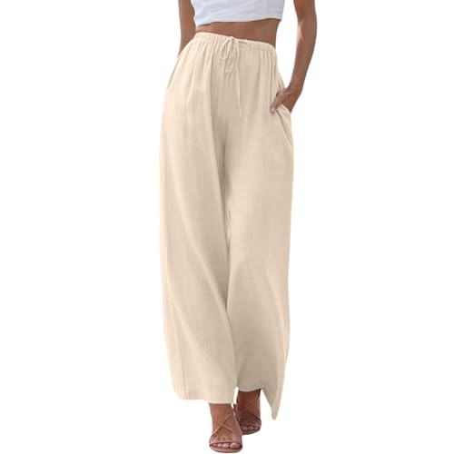 Sommer Jeans Damen Leicht, Musselin Hose Damen,Lang Palazzo Stoffhose Plissee Musselin Luftig Sommerhose Leinenhose Elastische Hohe Taille Weite Freizeithose Hosenrock Strandhose,Beige,L von Didadihu