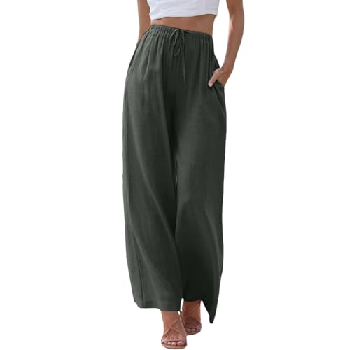 Sommerhose Damen, Freizeithose Damen,Einfarbig Weite Stoffhose Sommer Plissee Leinen Leinenhose Sommerhose Locker Musselin Strandhose Yogahose Haremshose,GY2,XL von Didadihu