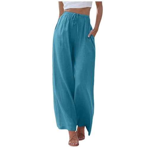 Sommerhosen Damen, Linen Pants Women,Leinen Palazzo Sommerhose Sommer Elastische Hohe Taille Weites Bein Stoffhose Leinenhose Bequeme Locker Strandhose Yogahose Haremshose,Himmelblau,L von Didadihu