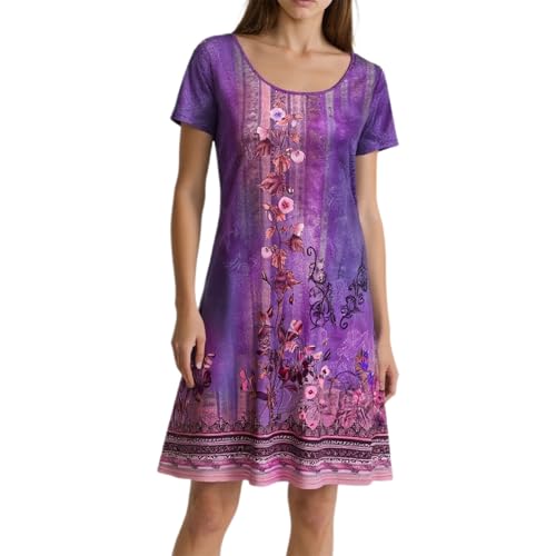 Sommerkleid Damen Rundhals Kurzarm Boho Tunika Kleid Blumen Neckholder Knielang Kleider Leicht Luftig Elegant Freizeitkleid Sommer Outfits,Lila,XXL von Didadihu