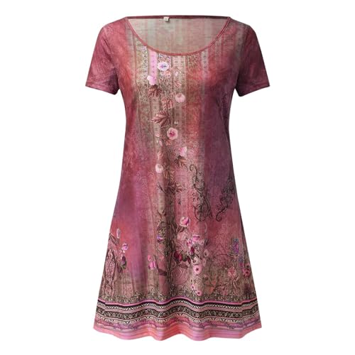 Sommerkleid Damen Rundhals Kurzarm Boho Tunika Kleid Blumen Neckholder Knielang Kleider Leicht Luftig Elegant Freizeitkleid Sommer Outfits,Rot,L von Didadihu