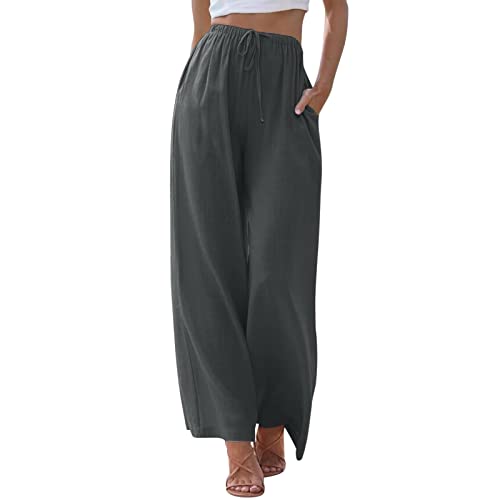 Stoffhose Damen Sommer, Freizeithose Damen,Lang Einfarbig Sommerhose Palazzo Bequeme Sommer Stoffhose Leinenhose Weites Bein Leinen Freizeithose Yogahose Haremshose,Dunkelgrau,XL von Didadihu