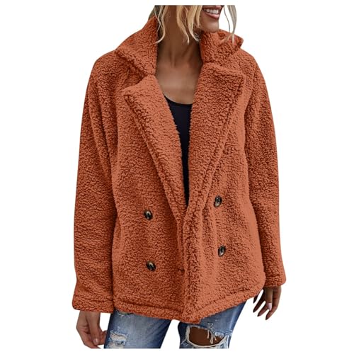 Teddy Fleecejacke Damen Stehkragen Knöpfen Teddyfleece Jacke Plüschjacke Mit Taschen Ohne Kapuze Flauschige Sherpa Jacke Outdoor Jacken Teddyjacke Mit Warm Gefüttert,Orange,M von Didadihu